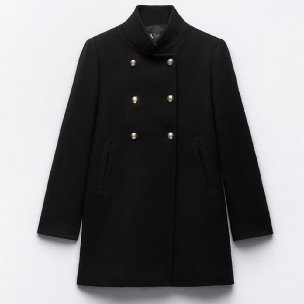 Zara Double Breasted High Collar Wool Blend Coat Size-Large In Black NWT